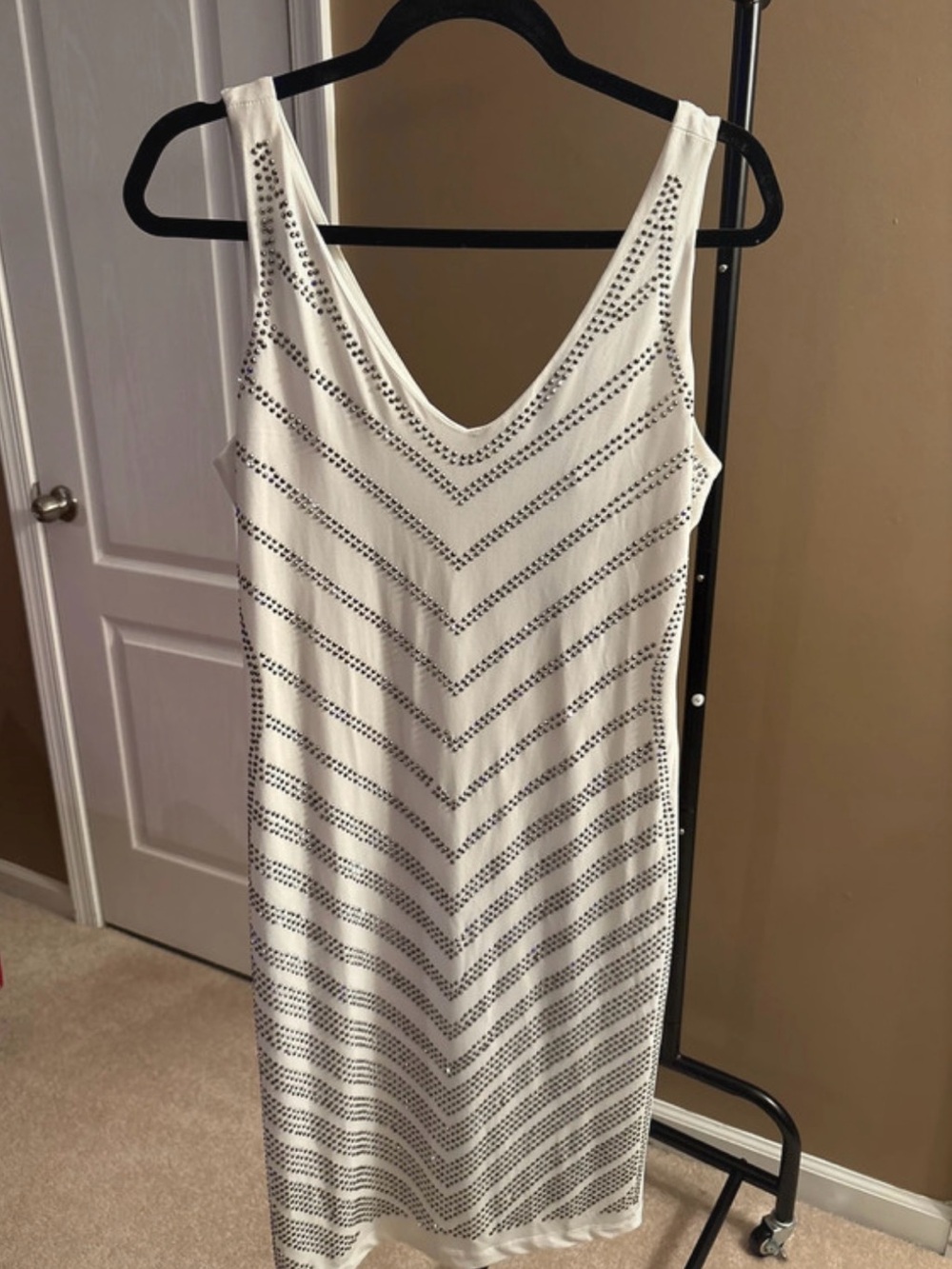 Sleeveless White Midi Dress with Chevron Stud Detail